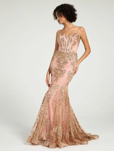 Carlyna Long Fit & Flare Corset Prom Dress with Rose Gold Glitter Print