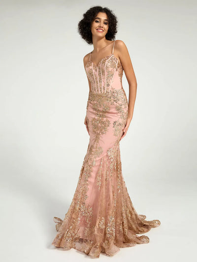 Carlyna Long Fit & Flare Corset Prom Dress with Rose Gold Glitter Print