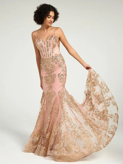 Carlyna Long Fit & Flare Corset Prom Dress with Rose Gold Glitter Print