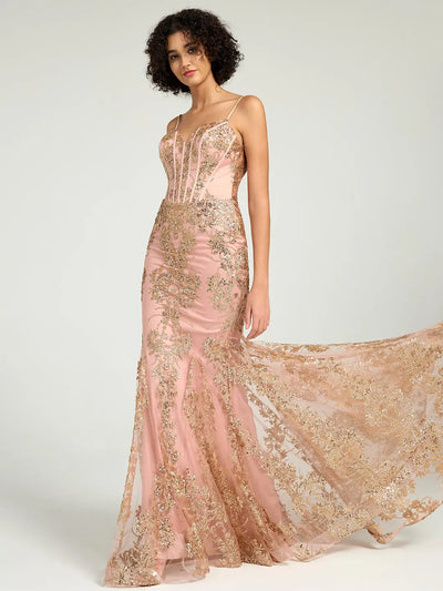 Carlyna Long Fit & Flare Corset Prom Dress with Rose Gold Glitter Print