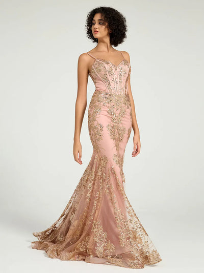 Carlyna Long Fit & Flare Corset Prom Dress with Rose Gold Glitter Print