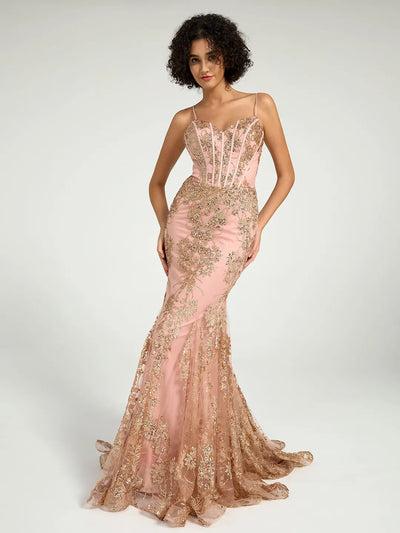 Carlyna Long Fit & Flare Corset Prom Dress with Rose Gold Glitter Print
