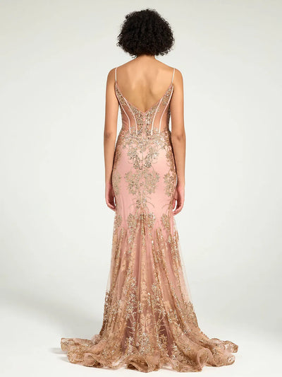 Carlyna Long Fit & Flare Corset Prom Dress with Rose Gold Glitter Print