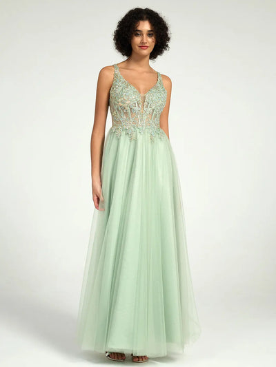 Carlyna Plunge Neck Floral Lace A-Line Ball Gown with Open Back