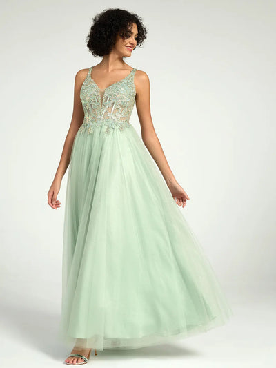 Carlyna Plunge Neck Floral Lace A-Line Ball Gown with Open Back