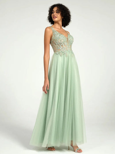 Carlyna Plunge Neck Floral Lace A-Line Ball Gown with Open Back