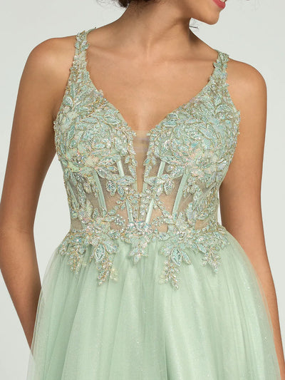 Carlyna Plunge Neck Floral Lace A-Line Ball Gown with Open Back