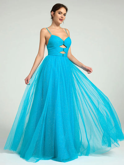 Carlyna Radiant Glitter Tulle A-Line Maxi Dress with Cutouts & Strappy Back