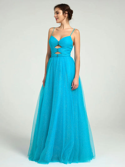 Carlyna Radiant Glitter Tulle A-Line Maxi Dress with Cutouts & Strappy Back