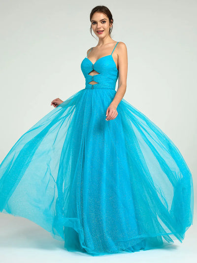 Carlyna Radiant Glitter Tulle A-Line Maxi Dress with Cutouts & Strappy Back