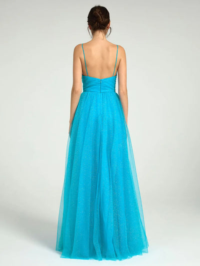 Carlyna Radiant Glitter Tulle A-Line Maxi Dress with Cutouts & Strappy Back