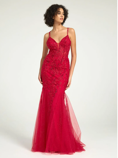 Carlyna V-Neck Lace-Up Mermaid Tulle Maxi Formal Prom Dress with Sequin Lace