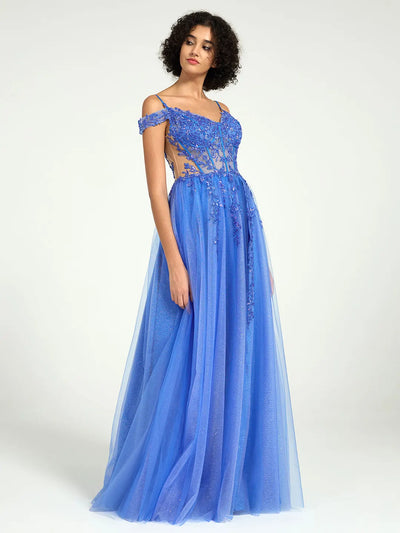 Carlyna A-Line Lace & Tulle Dress with Floral Sequin Embellishments and a Leg Slit