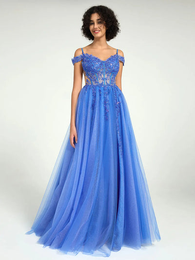 Carlyna A-Line Lace & Tulle Dress with Floral Sequin Embellishments and a Leg Slit