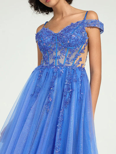 Carlyna A-Line Lace & Tulle Dress with Floral Sequin Embellishments and a Leg Slit