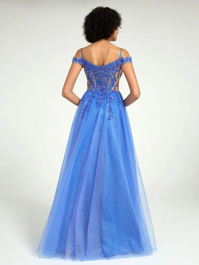 Carlyna A-Line Lace & Tulle Dress with Floral Sequin Embellishments and a Leg Slit