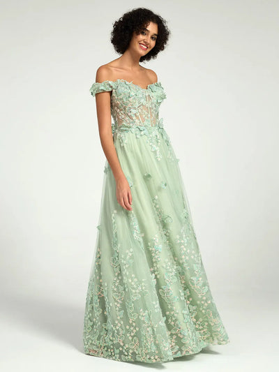 Carlyna Off-the-Shoulder A-Line Maxi Dress with 3D Floral Appliqués and Lace-Up Back