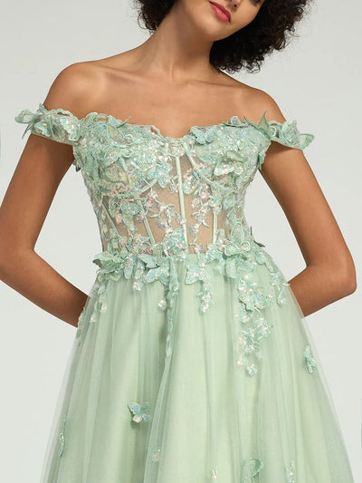 Carlyna Off-the-Shoulder A-Line Maxi Dress with 3D Floral Appliqués and Lace-Up Back