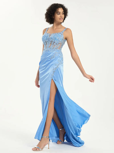 Scoop Neck Satin Lace Mermaid Gown with Sequin Appliqué and Leg Slit