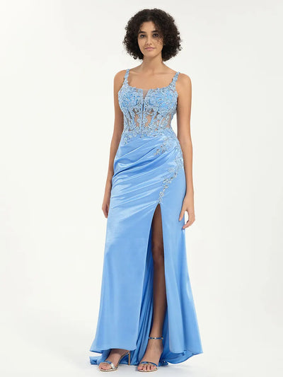 Scoop Neck Satin Lace Mermaid Gown with Sequin Appliqué and Leg Slit