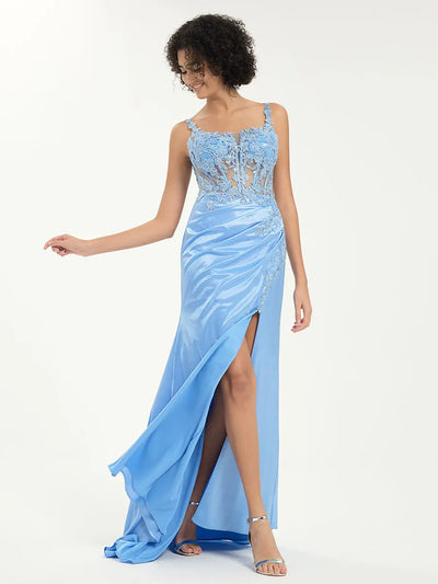 Scoop Neck Satin Lace Mermaid Gown with Sequin Appliqué and Leg Slit