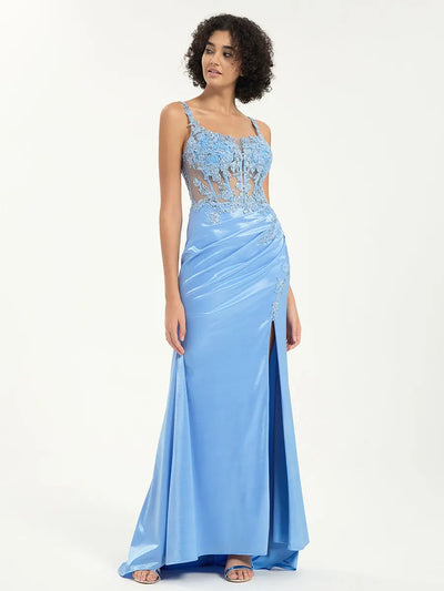 Scoop Neck Satin Lace Mermaid Gown with Sequin Appliqué and Leg Slit