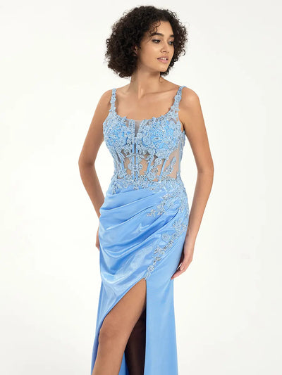 Scoop Neck Satin Lace Mermaid Gown with Sequin Appliqué and Leg Slit