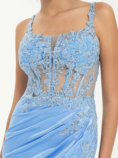 Scoop Neck Satin Lace Mermaid Gown with Sequin Appliqué and Leg Slit