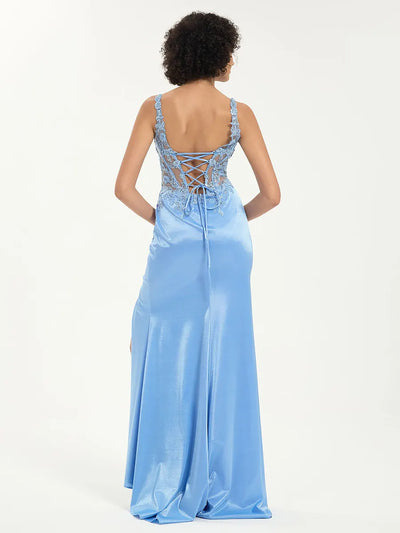 Scoop Neck Satin Lace Mermaid Gown with Sequin Appliqué and Leg Slit