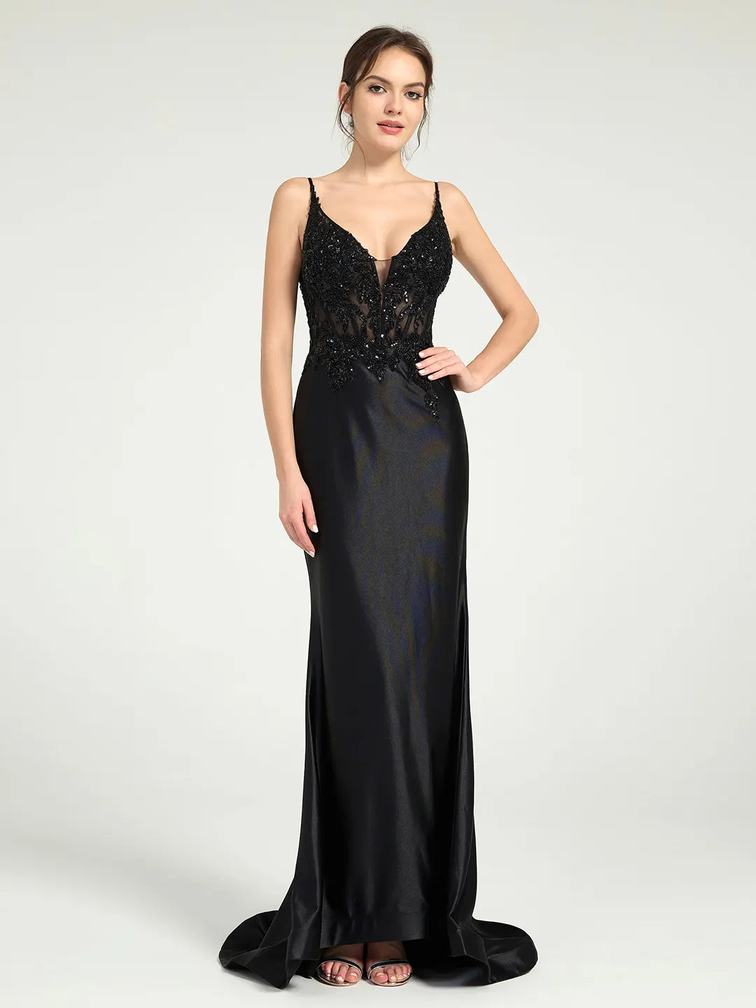 Carlyna Sheer Bead & Lace Embellished Jersey Prom Gown with V-Neck and Asymmetrical Skirt