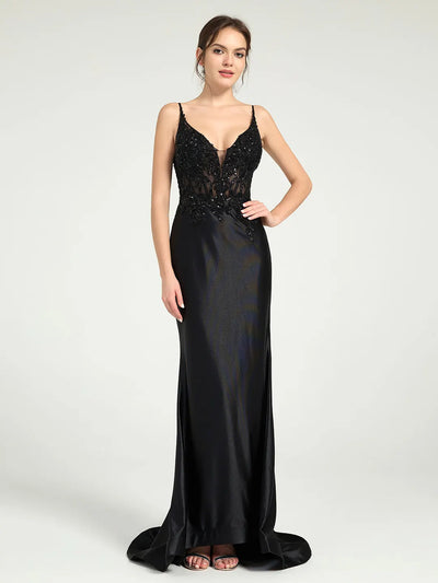 Carlyna Sheer Bead & Lace Embellished Jersey Prom Gown with V-Neck and Asymmetrical Skirt