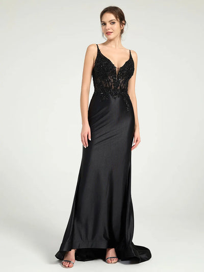 Carlyna Sheer Bead & Lace Embellished Jersey Prom Gown with V-Neck and Asymmetrical Skirt