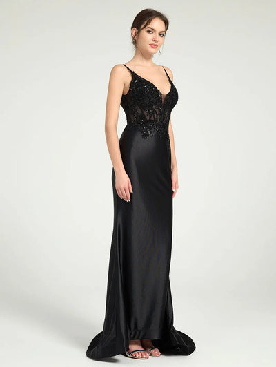 Carlyna Sheer Bead & Lace Embellished Jersey Prom Gown with V-Neck and Asymmetrical Skirt