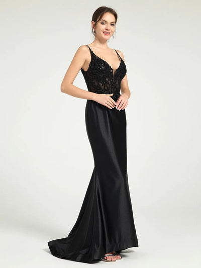 Carlyna Sheer Bead & Lace Embellished Jersey Prom Gown with V-Neck and Asymmetrical Skirt