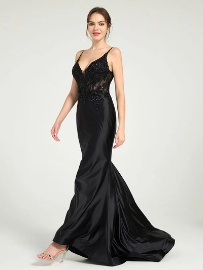 Carlyna Sheer Bead & Lace Embellished Jersey Prom Gown with V-Neck and Asymmetrical Skirt