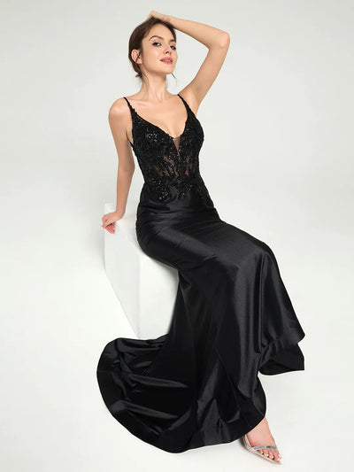 Carlyna Sheer Bead & Lace Embellished Jersey Prom Gown with V-Neck and Asymmetrical Skirt