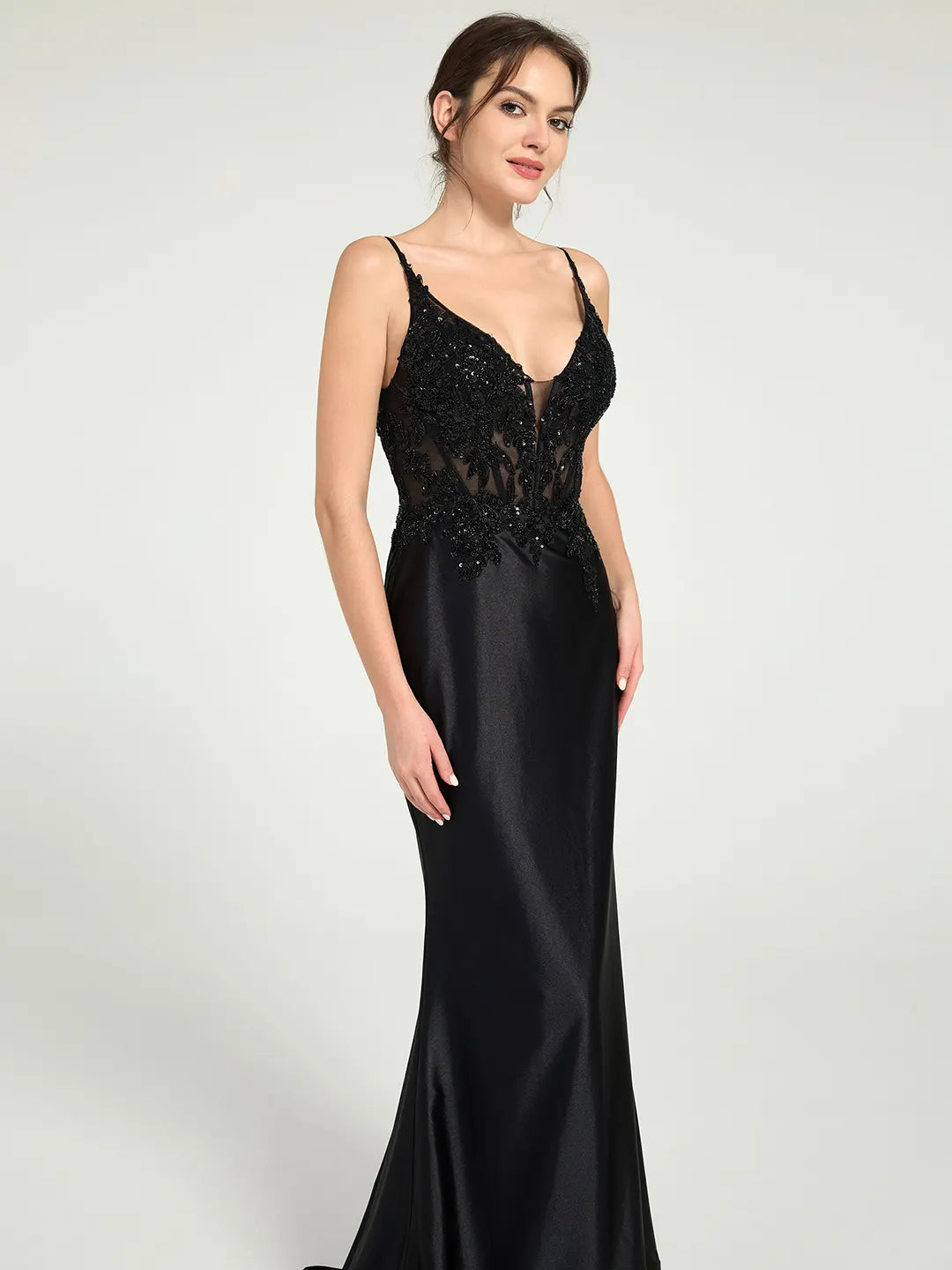 Carlyna Sheer Bead & Lace Embellished Jersey Prom Gown with V-Neck and Asymmetrical Skirt