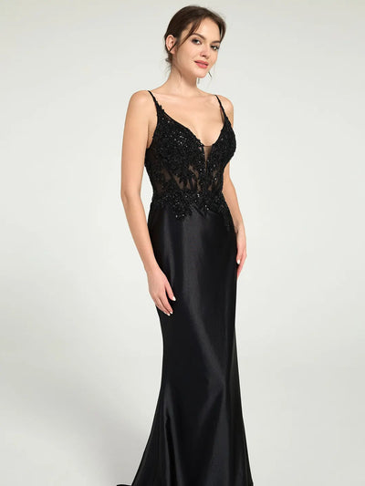 Carlyna Sheer Bead & Lace Embellished Jersey Prom Gown with V-Neck and Asymmetrical Skirt