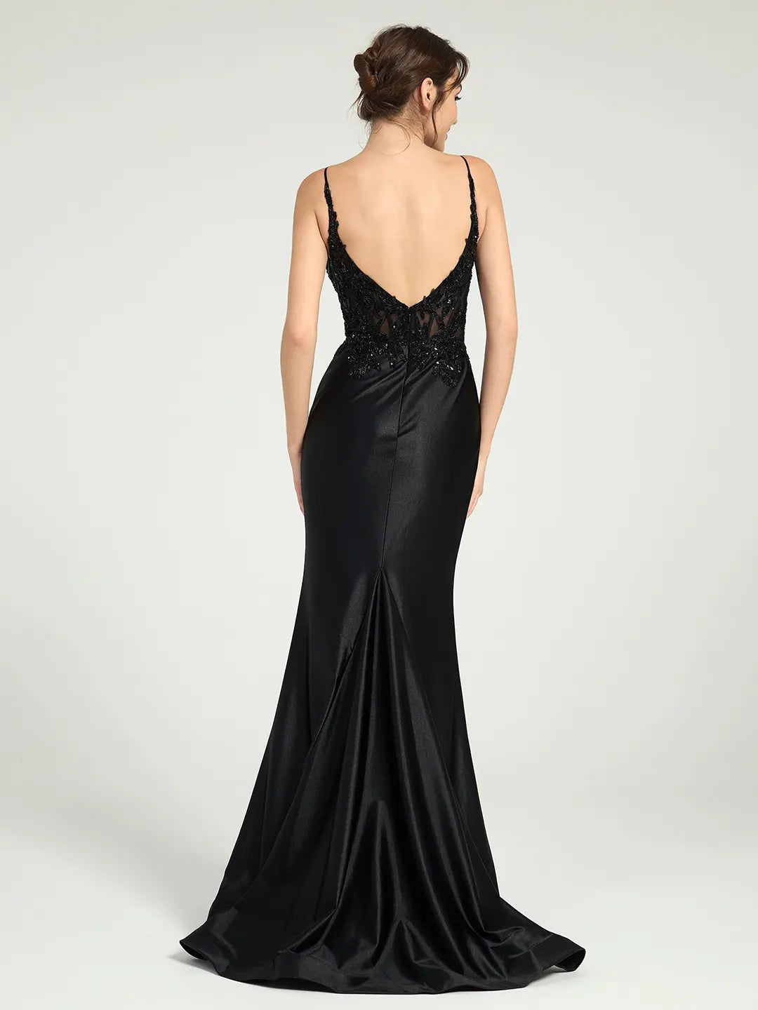 Carlyna Sheer Bead & Lace Embellished Jersey Prom Gown with V-Neck and Asymmetrical Skirt