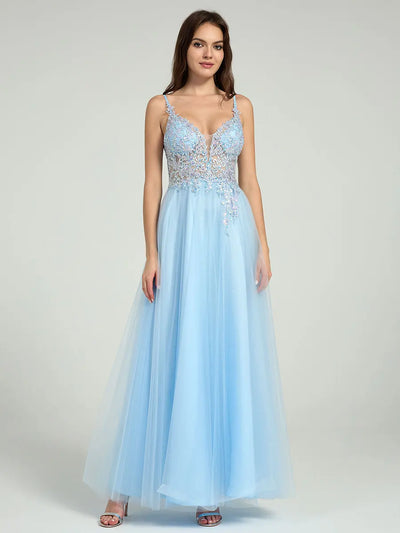 Sheer Embroidered Sequin Bodice A-Line Maxi Dress