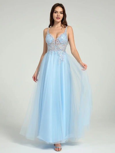 Sheer Embroidered Sequin Bodice A-Line Maxi Dress