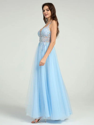 Sheer Embroidered Sequin Bodice A-Line Maxi Dress