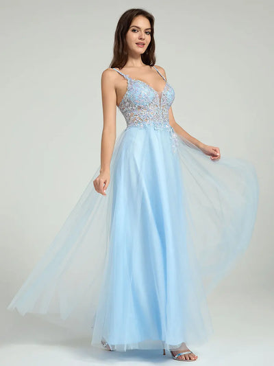 Sheer Embroidered Sequin Bodice A-Line Maxi Dress