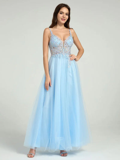 Sheer Embroidered Sequin Bodice A-Line Maxi Dress