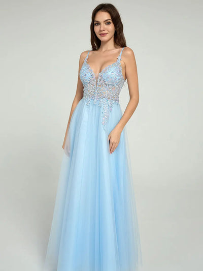 Sheer Embroidered Sequin Bodice A-Line Maxi Dress