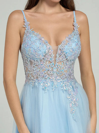 Sheer Embroidered Sequin Bodice A-Line Maxi Dress