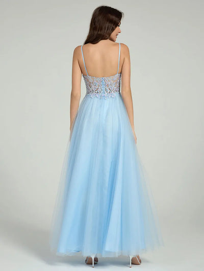 Sheer Embroidered Sequin Bodice A-Line Maxi Dress