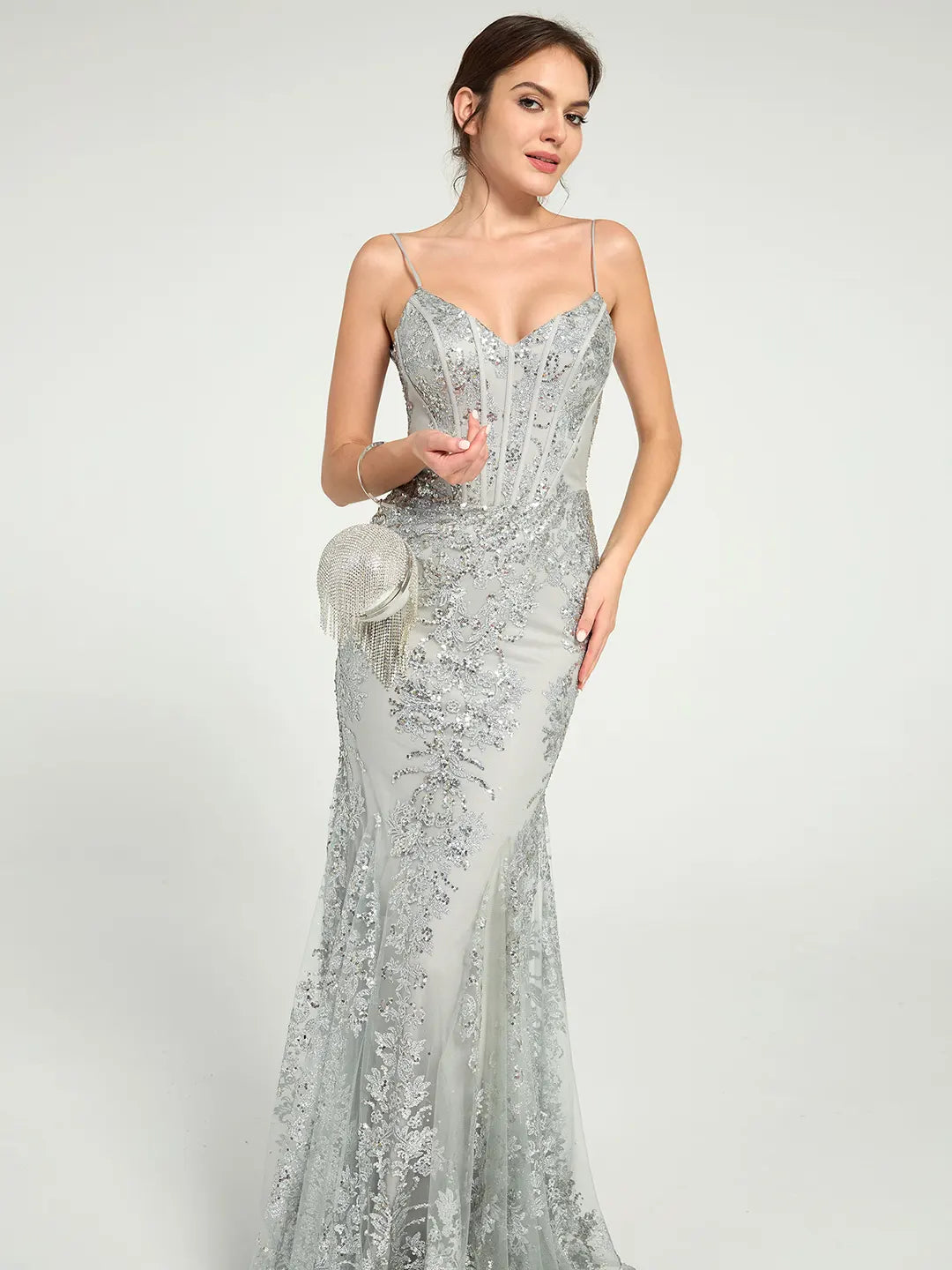 Elegant Silver Corset Prom Dress with Glittering Floral Embellishments | Long Fit & Flare Gown Carlyna UK 153.00 Elegant Silver Corset Prom Dress with Glittering Floral Embellishments | Long Fit & Flare Gown Carlyna UK 153.00