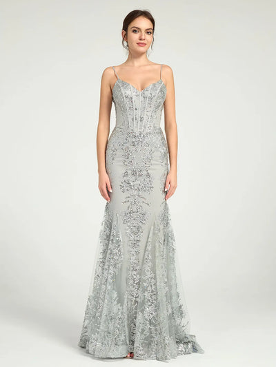 Carlyna Long Fit & Flare Corset Prom Dress with Glittering Floral Embellishments