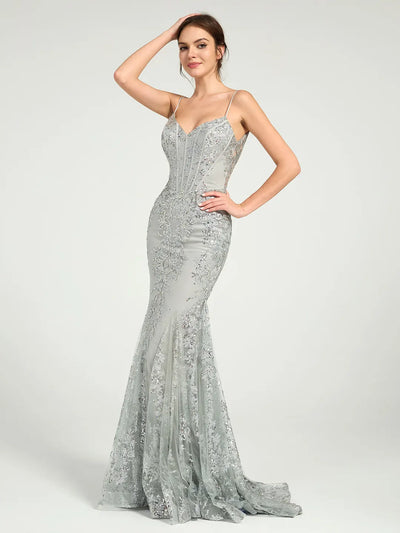 Carlyna Long Fit & Flare Corset Prom Dress with Glittering Floral Embellishments